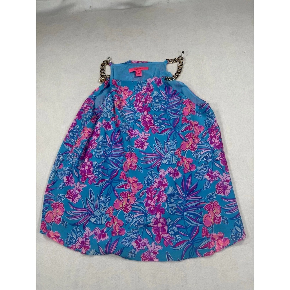 Lilly Pulitzer Size 8 Blue Pink Tropical Floral Chain Neck‎ Sleevless Top